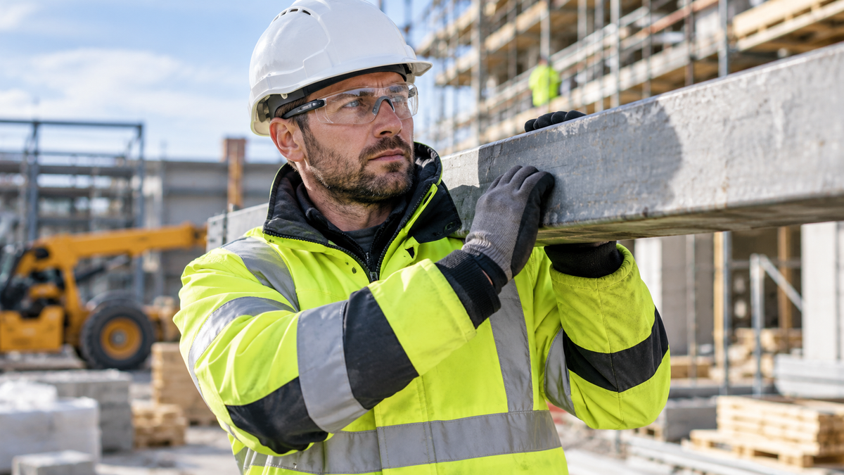 Construction worker wearing PPE including hard hat, safety glasses, hi-vis clothing and gloves