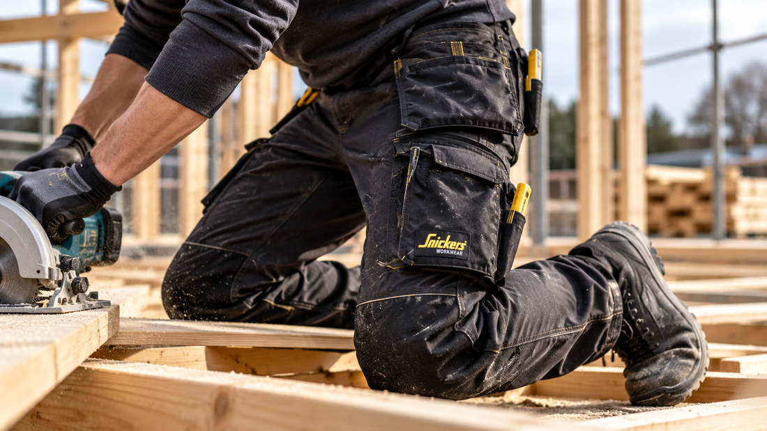 Tradesperson wearing Snickers Workwear trousers while working on a timber construction site