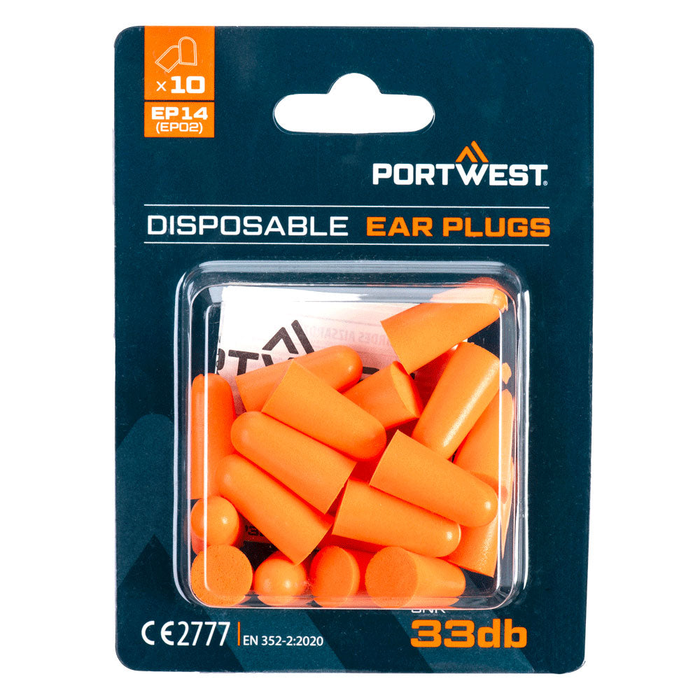 Portwest PU Foam Ear Plugs Blister Pack (10 Pairs)- Style EP14