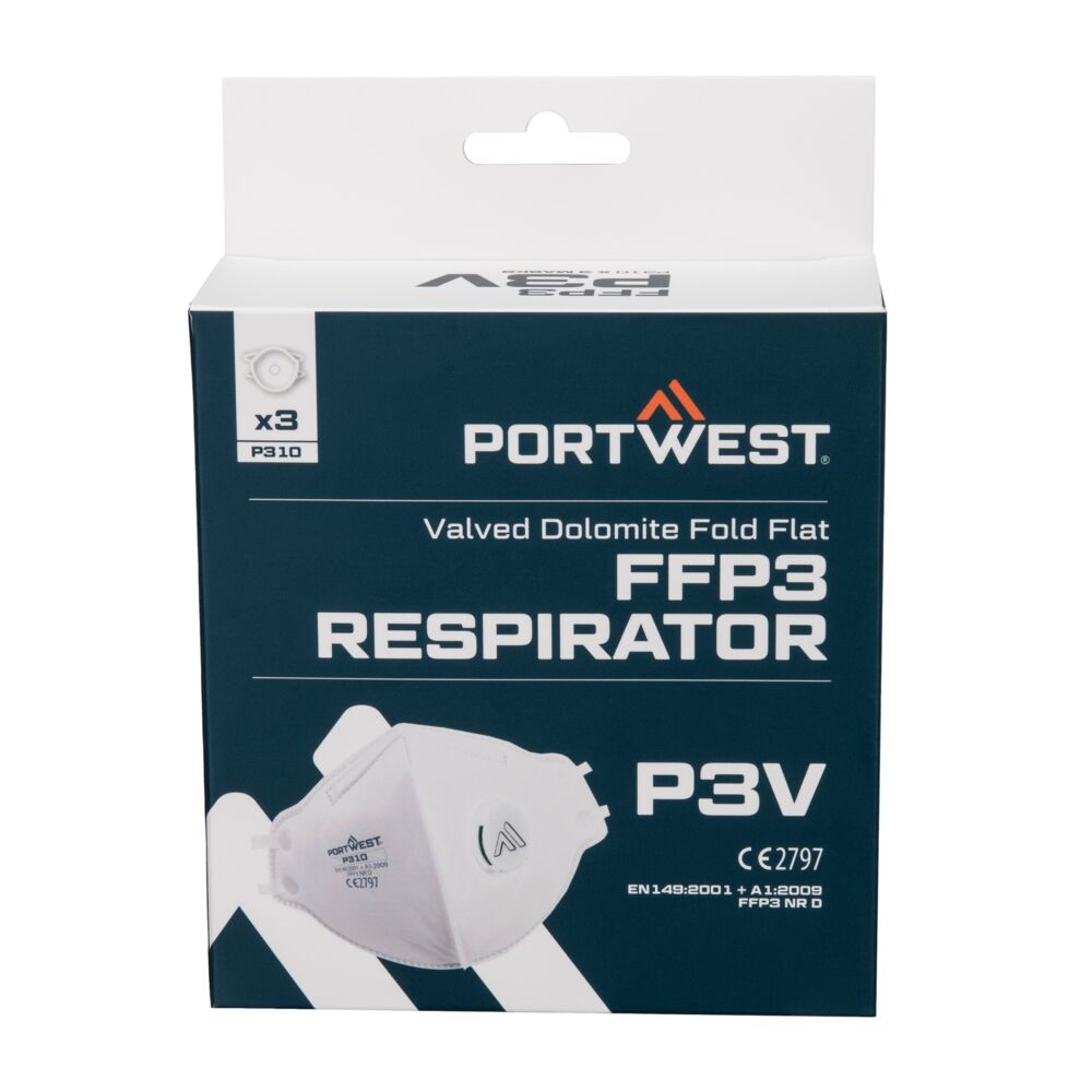 Portwest FFP3 Valved Dolomite Fold Flat Respirator (Pk3)- Style P310